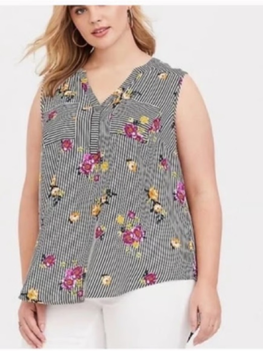 Torrid Sleeveless Black Stripe Floral V-Neck Top